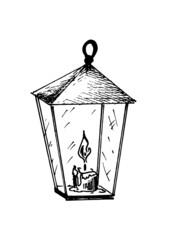 Glass retro lantern with a burning candle. Lightning equipment. Vector graphics.