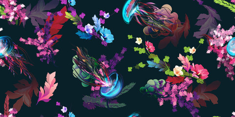 Obraz na płótnie Canvas Wide vintage seamless background pattern. Jellyfish, underwater plants, with wild flowers on dark. Abstract, hand drawn, vector - stock.