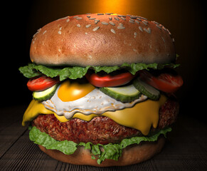 Close-up of home made tasty burger on wooden table. 3D illustration