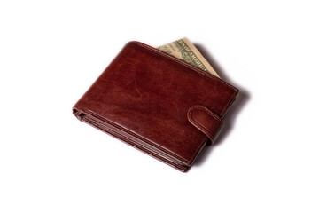 Brown male closed wallet with money on a white background.