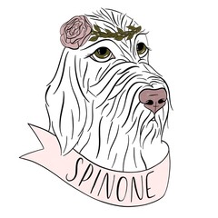 Portrait drawing of an italian spinone dog with flower crown accessory and pink ribbon. Line art technique with black ink. Illustration in a minimalistic style for print or digital use.