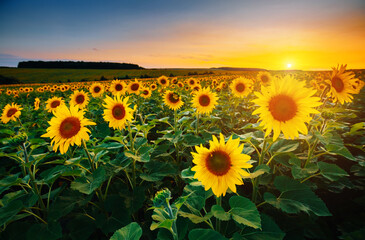 Picturesque scene of vivid yellow sunflowers in the evening. Location place Ukraine, Europe.