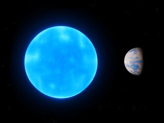 Blue star with exoplanet. Alien planet near the sun. View from space. Beautiful abstract background.