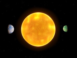 Alien star with two planets, system of exoplanets around an alien star.