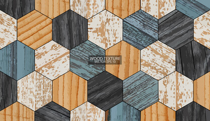 Shabby wood texture background, EPS 10 vector. Old colorful wooden wall with hexagonal pattern. 