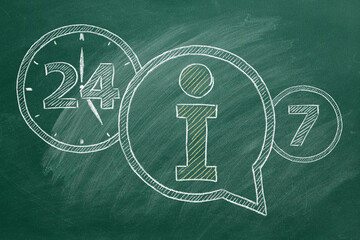 Information sign. Info icon and lettering 24-7 drawn in chalk on a blackboard. 24-7 information support. Around the clock.