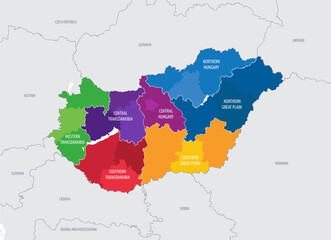 Map statistical regions of Hungary with territories neighboring countries Europe, detailed vector illustration