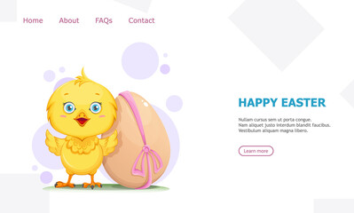 Cute little chick standing near decorated egg