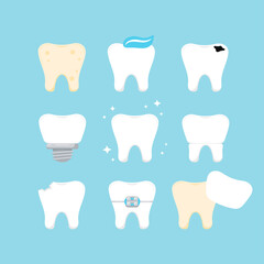 Teeth dental icon set isolated. Tooth collection - plaque, caries hole, implant, clean healthy, crown, chipped, in braces and veneer. Vector flat design cartoon style tooth illustration.