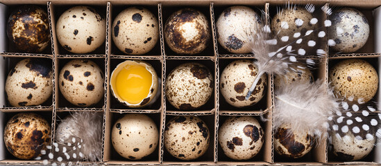 Quail eggs, quail yolk and feathers in the cardboard box. Top view, baneer for website.
