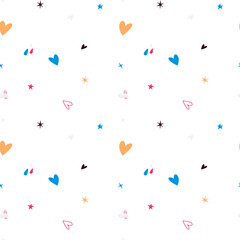 Vector children's seamless pattern with hearts and stars on a white background in doodle style. Graphics for T-shirts, fabrics, textiles, pajamas, prints, gifts