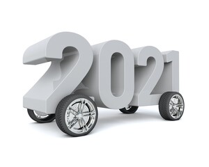 Obraz na płótnie Canvas 3D illustration of the number 2021 with car wheels on a white background