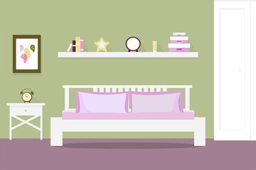 Modern pistachio-green bedroom interior with furniture. The concept of an empty bedroom. Vector flat cartoon graphic design illustration with shadows. Family bedroom.
