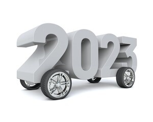 Obraz na płótnie Canvas 3D illustration of the number 2023 with car wheels on a white background