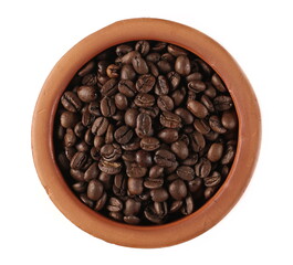 Coffee beans for espresso in clay pot isolated on white background and texture, top view