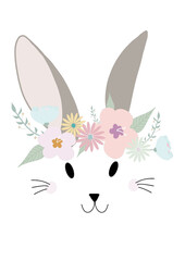 Happy Easter 2021 illustration, Easter Bunny with Flowers isolated on white background,
