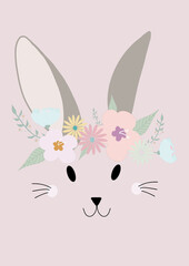 Happy Easter 2021 illustration, Easter Bunny with Flowers isolated on violet background,