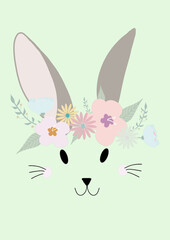 Happy Easter 2021 illustration, Easter Bunny with Flowers isolated on mint green background,
