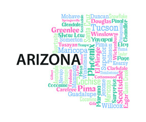 Word cloud map design includes all Counties, Cities, Municipalities in the state of Arizona. It's an editable vector file.