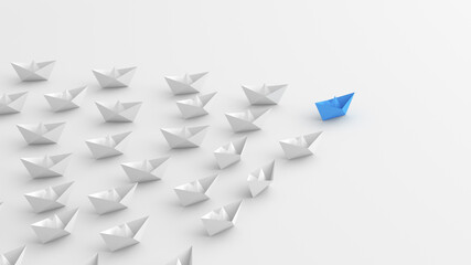 Leadership concept, blue leader boat leading white boats, on white background. 3D Rendering
