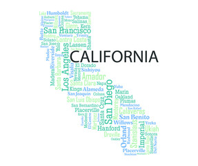 Fototapeta na wymiar Word cloud map design includes all Counties, Cities, Municipalities in the state of California. It's an editable vector file.