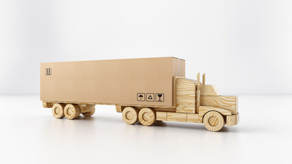 Big cardboard box package on a wooden toy truck ready to be delivered on white background