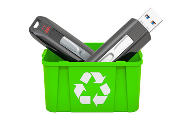 Recycling trashcan with USB flash drive, 3D rendering