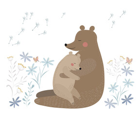Bear with her cub in flowers. Cute bear with baby. Mothers day card. illustration in hand drawn style isolated on a white background.