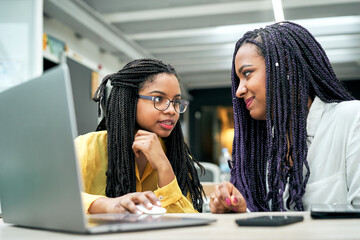 Two smiling young women working together in an office using a laptop.