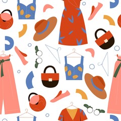 Vector seamless pattern with woman clothes, hat, dress, sneakers, bags, sunglasses.