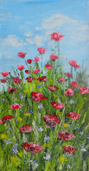 A poppy field with blooming red flowers. Illustration of an art painting acrylic on canvas