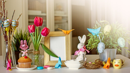 Easter creative home decoration. Easter composition background, copy space