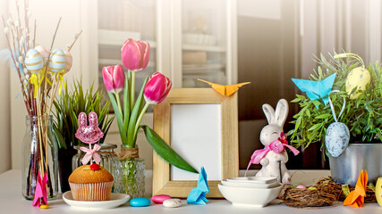 Easter creative home decoration. Easter composition background, copy space