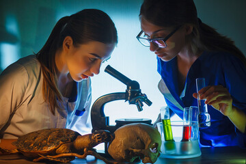 Student girl looking in a microscope, science laboratory concept. Two beautiful schoolgirls doing experiment together in the laboratory.
