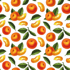 Seamless pattern design with hand drawn illustration of peach slices, whole peaches and leaves