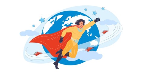 Vector cartoon flat superhero character in cape protecting humanity - web online site banner,mass pop culture,protection,aspiration,power,strength,confidence,responsibility social concept