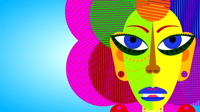 Abstract painted girl head with multi-colored face elements, rotating eyes and hair. Animation of a fantastic character with moving facial expressions. Looped video drawing on a blue background.