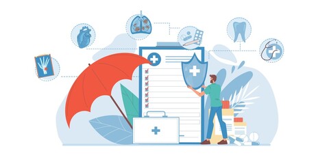 Vector cartoon flat doctor character at work - medical insurance,diagnostics,treatment and therapy concept with internal organs,medical devices and symbols