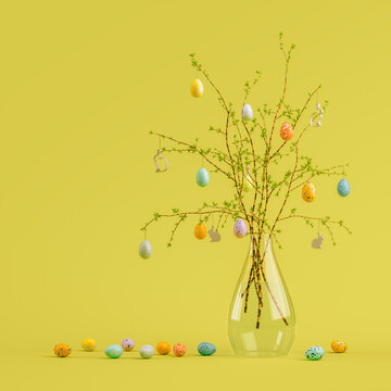 Bunter Osterstrauch oder Zweige in Glas Vase mit festlichem Osterschmuck und bunten Eiern zu Ostern steht dekorativ vor farbigen Hintergund mit viel Platz für werbung und Textraum als 3D Rendering