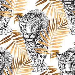 Seamless wallpaper pattern. Sketch of a walking leopard in a gold exotic palm leaves. Textile composition, hand drawn style print. Vector illustration.