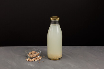 Milky white fermented drink from sprouted cereals in clear bottle. Dark background, copy space. Fresh Rejuvelac