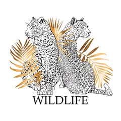 Foto op Plexiglas Sketch of a two sit leopard in a gold exotic palm leaves. Wildlife - lettering quote. T-shirt composition, Hand drawn style print. Vector illustration. © Afishka