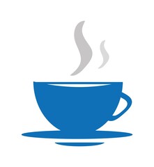Vector cup of hot cappuccino with aroma. Morning breakfast with coffee. Icon of coffee drink. Fresh latte in blue mug from cafe. Restaurant food for break. Illustration of coffee sign.EPS 10