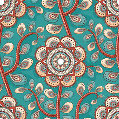 Seamless oriental pattern with mandala & turkish cucumber. Vector laced decorative background with floral and geometric ornament. Indian or Arabic motive. Boho festival style