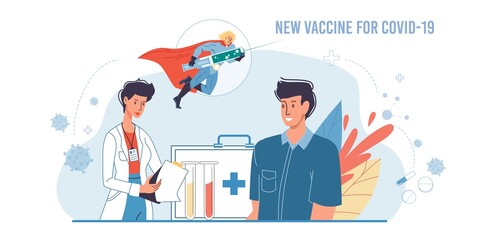 Vector cartoon flat superhero character carries coronavirus vaccine,while doctor talk with patient - covid prevention,protection,vaccination vs pandemic viral infection medical social concept