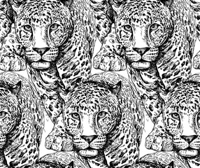 Seamless wallpaper pattern. Sketch of a walking leopard. Textile composition, hand drawn style print. Vector black and white illustration.