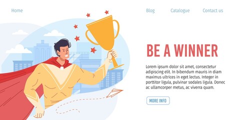 Vector cartoon flat superhero character holds metaphor of successful business gold cup-goal achievment,mass pop culture,aspiration,power,confidence,team victory success landing page design concept