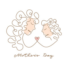 Simple vector illustration with mother and child, baby, lettering Mothers day. Drawn with line in trendy stile.
