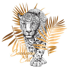 Sketch of a walking leopard in a gold exotic palm leaves. Savanna cat  - lettering quote. Hand drawn style print. Vector illustration.