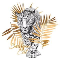 Foto op Plexiglas Sketch of a walking leopard in a gold exotic palm leaves. Savanna cat  - lettering quote. Hand drawn style print. Vector illustration. © Afishka